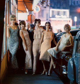 Mod Girls In Sequined Dresses At Night, Paris, 1961. Photographed By Mark Shaw In Paris For Life's Fall 1961 Issue, This Image Shows Models Wearing Beaded Dresses From Ferreras, Matta, Dior ( 2 Dresses Long And Short) And Desses. The Source For This Image Was A Vintage 2.25” X 2.25” Color Transparency.